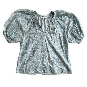 House of Harlow 1960 Blue White Martine Seafoam Print Boho Puff Sleeve